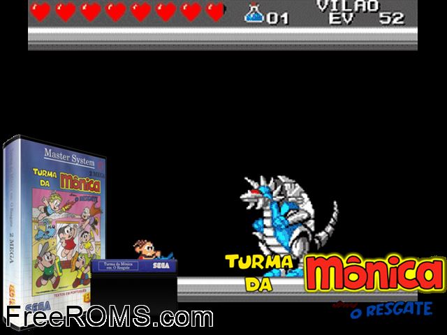 Turma da Monica em o Resgate Sega Master System game showing 3D box cover and gameplay screenshot