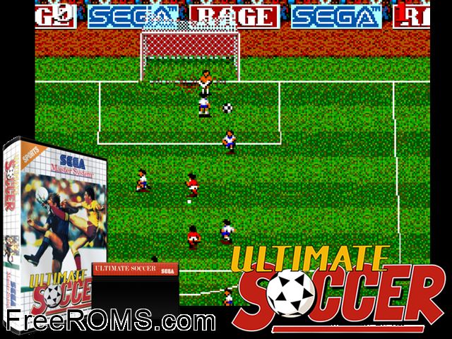 Ultimate Soccer Sega Master System game showing 3D box cover and gameplay screenshot