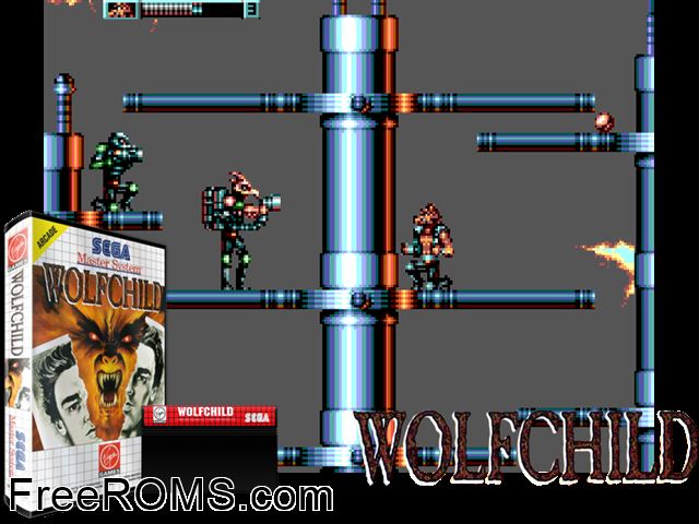 Wolfchild Sega Master System game showing 3D box cover and gameplay screenshot