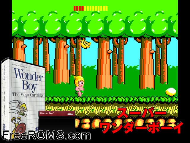 Wonder Boy Sega Master System game showing 3D box cover and gameplay screenshot