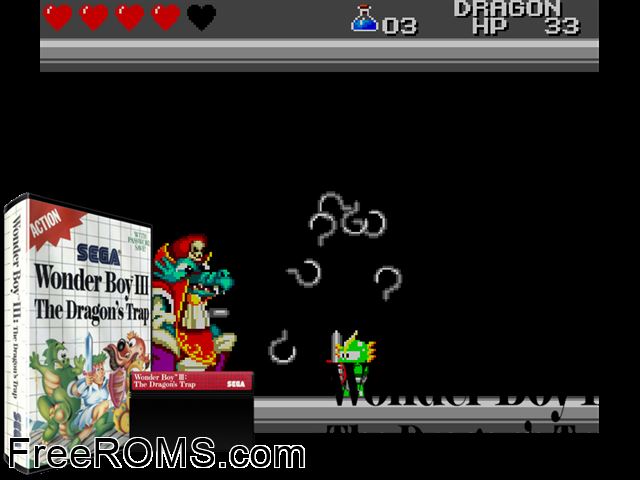 Wonder Boy 3 - the Dragon's Trap Sega Master System game showing 3D box cover and gameplay screenshot