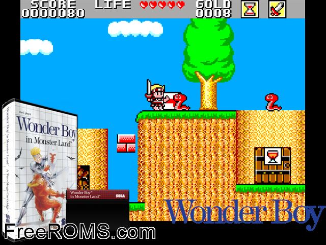 Wonder Boy in Monster Land Sega Master System game showing 3D box cover and gameplay screenshot