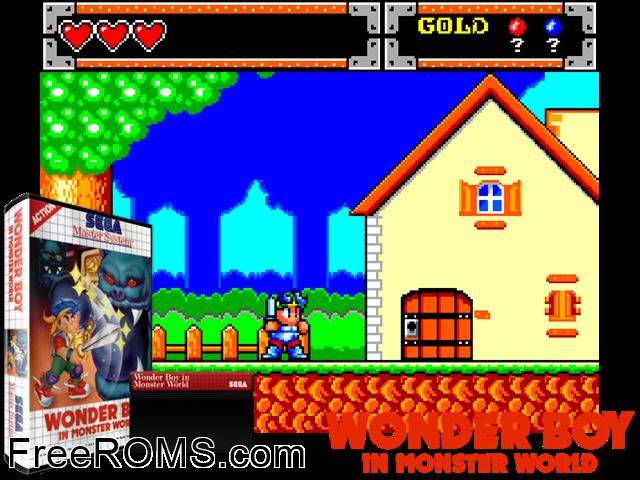 Wonder Boy in Monster World Sega Master System game showing 3D box cover and gameplay screenshot