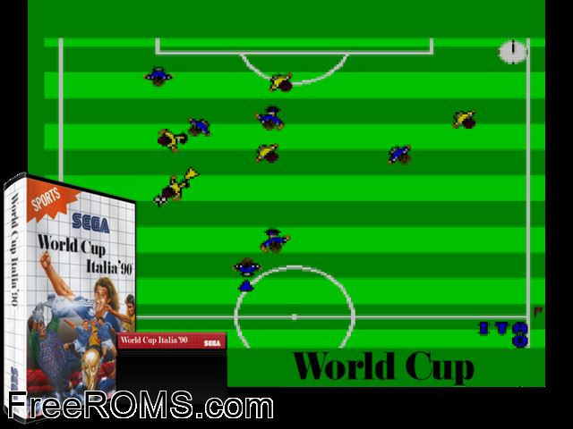 World Cup 90 Sega Master System game showing 3D box cover and gameplay screenshot
