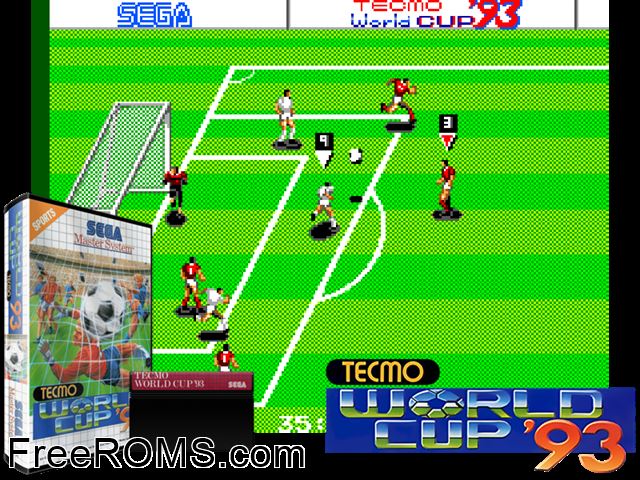 World Cup 93 Sega Master System game showing 3D box cover and gameplay screenshot