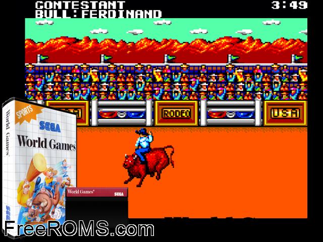 World Games Sega Master System game showing 3D box cover and gameplay screenshot