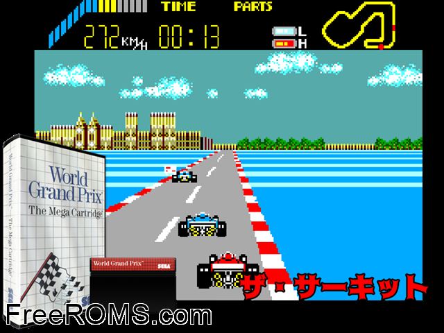 World Grand Prix Sega Master System game showing 3D box cover and gameplay screenshot