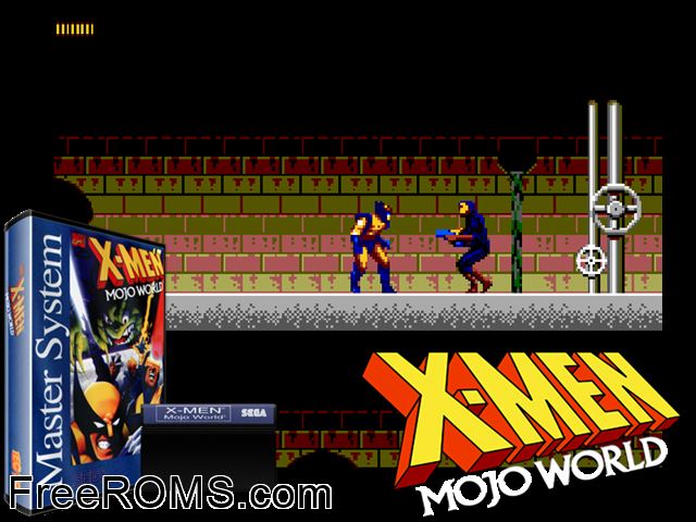 X-Men - Mojo World Sega Master System game showing 3D box cover and gameplay screenshot