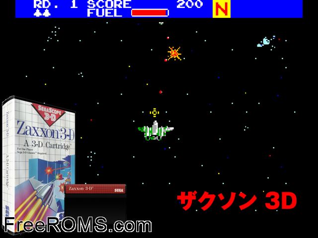 Zaxxon 3D Sega Master System game showing 3D box cover and gameplay screenshot