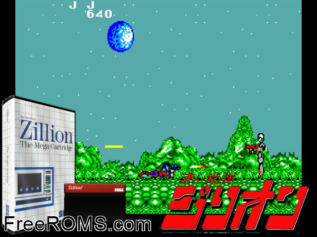 Zillion Sega Master System game showing 3D box cover and gameplay screenshot