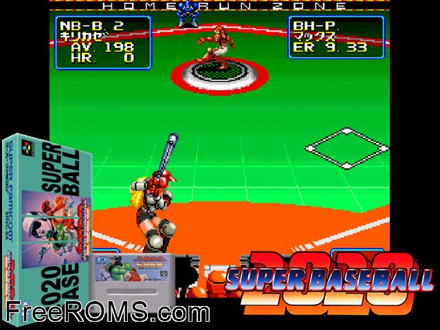 2020 Super Baseball SNES game showing 3D box cover and gameplay screenshot