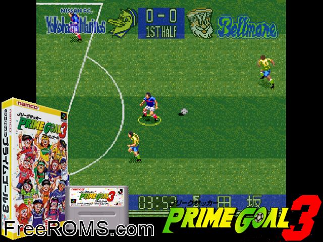90 Minutes - European Prime Goal SNES game showing 3D box cover and gameplay screenshot