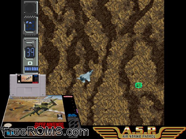 A.S.P. Air Strike Patrol SNES game showing 3D box cover and gameplay screenshot
