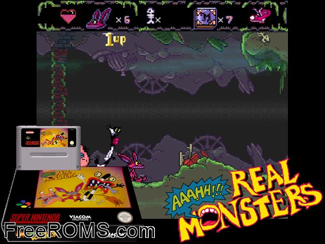 AAAHH!!! Real Monsters SNES game showing 3D box cover and gameplay screenshot