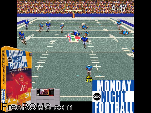 ABC Monday Night Football SNES game showing 3D box cover and gameplay screenshot