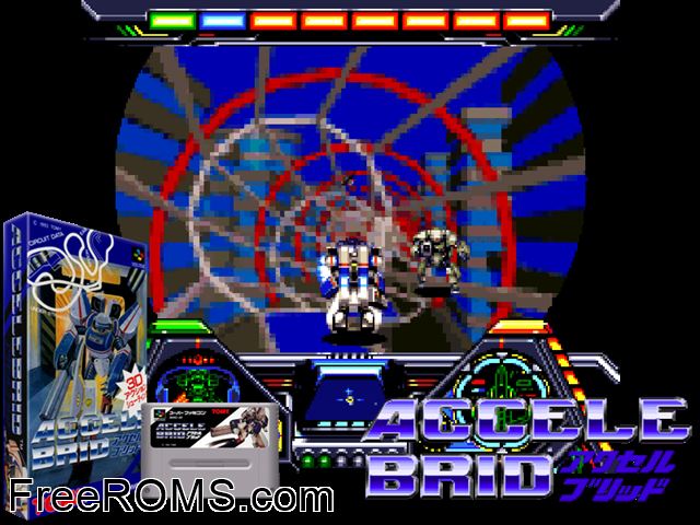 Accele Brid SNES game showing 3D box cover and gameplay screenshot