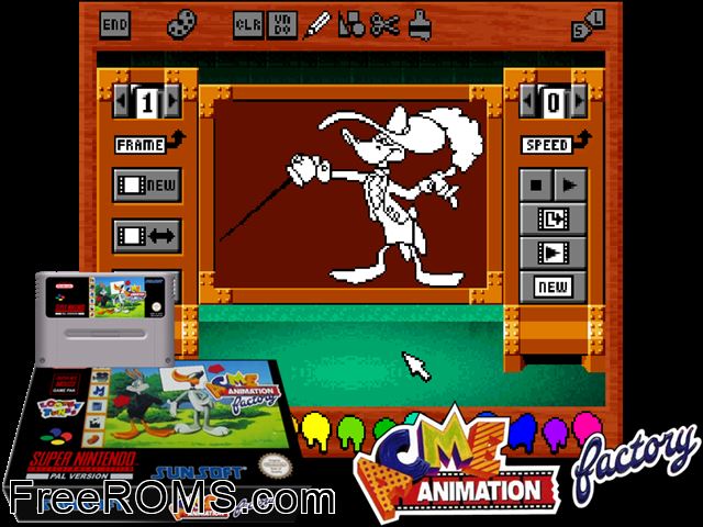 ACME Animation Factory SNES game showing 3D box cover and gameplay screenshot