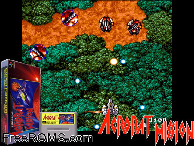 Acrobat Mission SNES game showing 3D box cover and gameplay screenshot