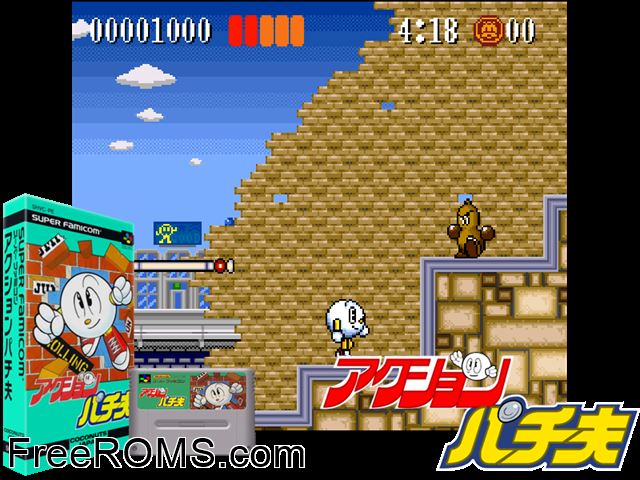 Action Pachio SNES game showing 3D box cover and gameplay screenshot