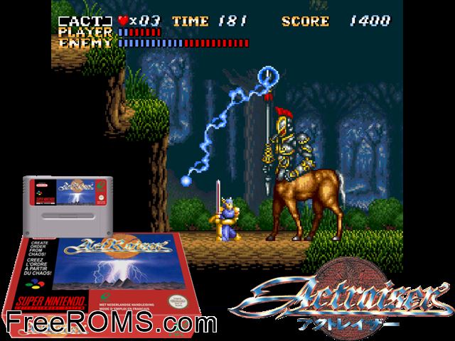ActRaiser SNES game showing 3D box cover and gameplay screenshot