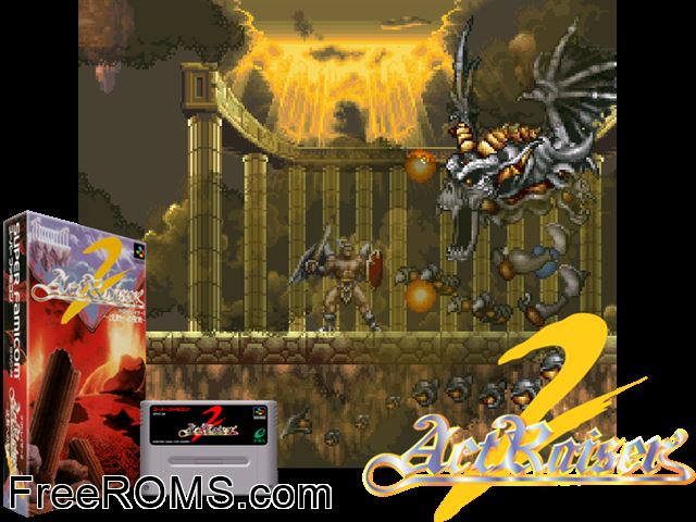 ActRaiser 2 SNES game showing 3D box cover and gameplay screenshot