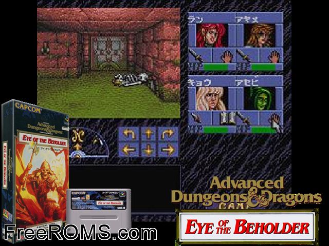 ADAndD - Eye of the Beholder SNES game showing 3D box cover and gameplay screenshot