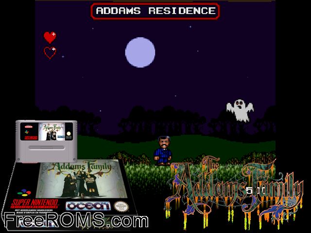 Addams Family, The SNES game showing 3D box cover and gameplay screenshot