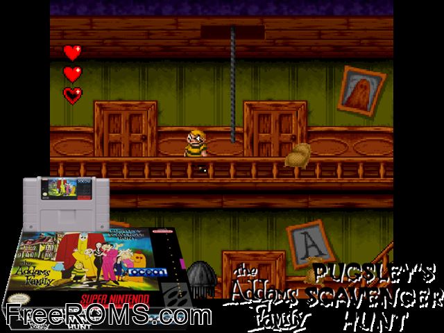 Addams Family, The - Pugsley's Scavenger Hunt SNES game showing 3D box cover and gameplay screenshot