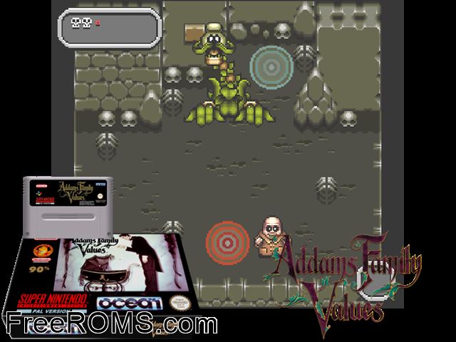 Addams Family Values SNES game showing 3D box cover and gameplay screenshot