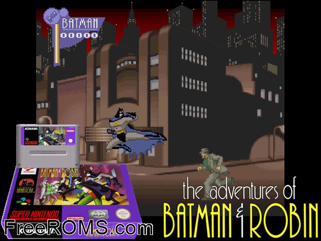 Adventures of Batman And Robin, The SNES game showing 3D box cover and gameplay screenshot