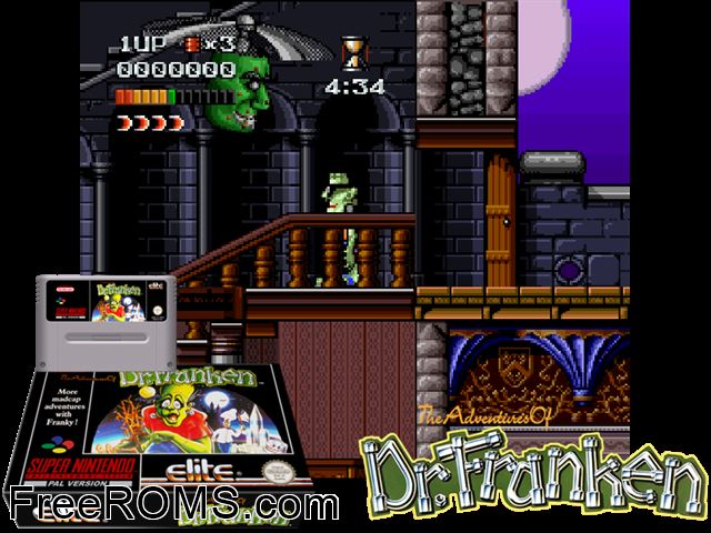 Adventures of Dr. Franken, The SNES game showing 3D box cover and gameplay screenshot