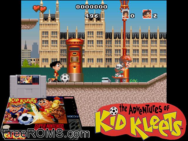 Adventures of Kid Kleets, The SNES game showing 3D box cover and gameplay screenshot