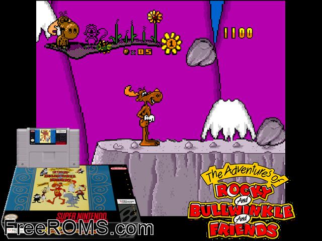 Adventures of Rocky and Bullwinkle and Friends, The SNES game showing 3D box cover and gameplay screenshot