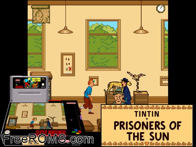 Adventures of Tintin, The - Prisoners of the Sun SNES game showing 3D box cover and gameplay screenshot