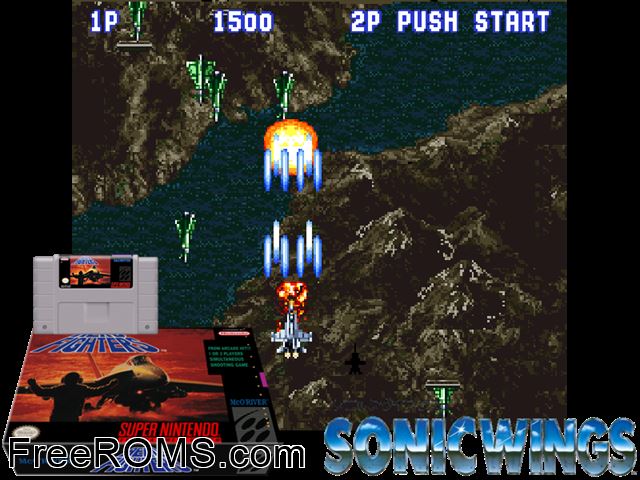 Aero Fighters SNES game showing 3D box cover and gameplay screenshot