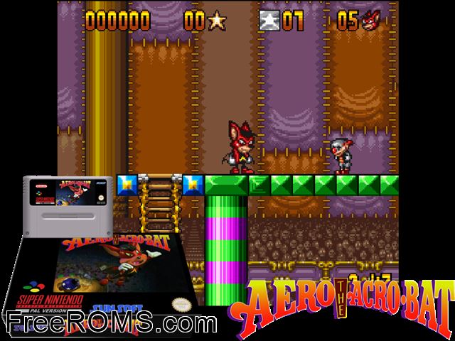 Aero the Acro-Bat SNES game showing 3D box cover and gameplay screenshot