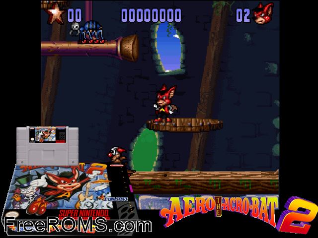 Aero the Acro-Bat 2 SNES game showing 3D box cover and gameplay screenshot
