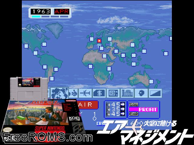Aerobiz SNES game showing 3D box cover and gameplay screenshot