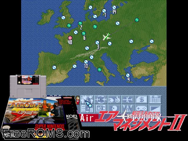 Aerobiz Supersonic SNES game showing 3D box cover and gameplay screenshot