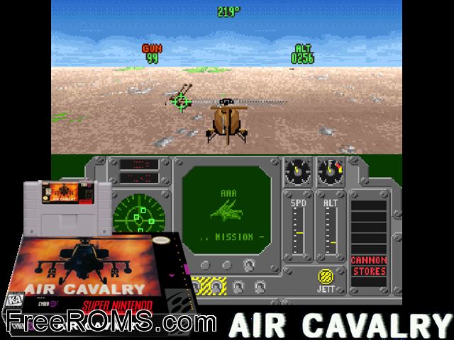 Air Cavalry SNES game showing 3D box cover and gameplay screenshot