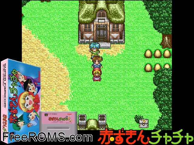 Akazukin Cha Cha SNES game showing 3D box cover and gameplay screenshot