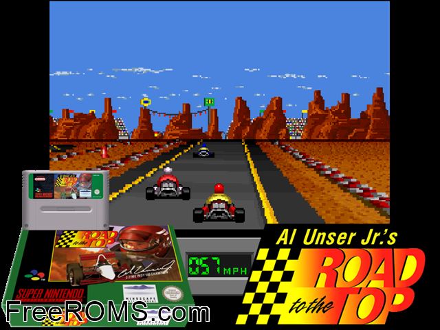 Al Unser Jr's Road to the Top SNES game showing 3D box cover and gameplay screenshot