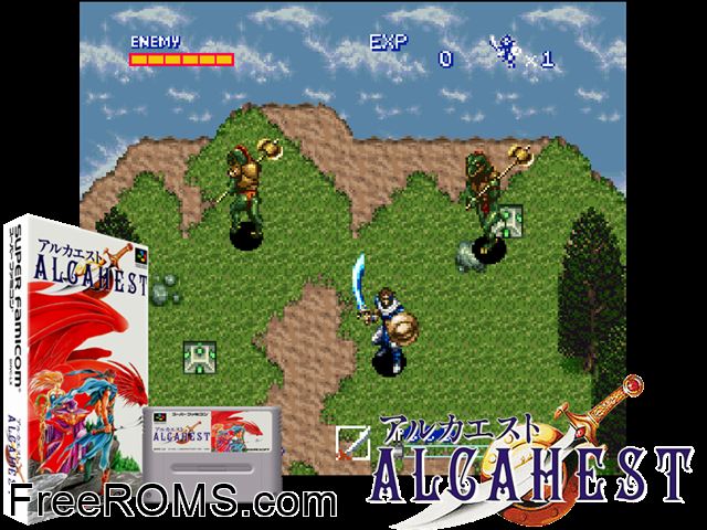 Alcahest SNES game showing 3D box cover and gameplay screenshot