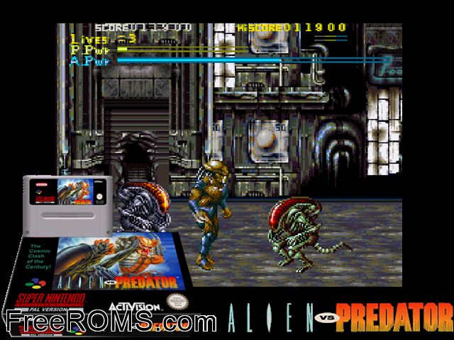 Alien vs. Predator SNES game showing 3D box cover and gameplay screenshot