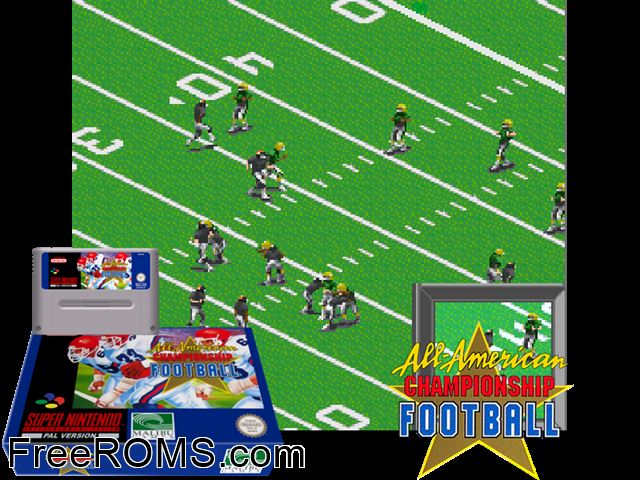 All-American Championship Football SNES game showing 3D box cover and gameplay screenshot