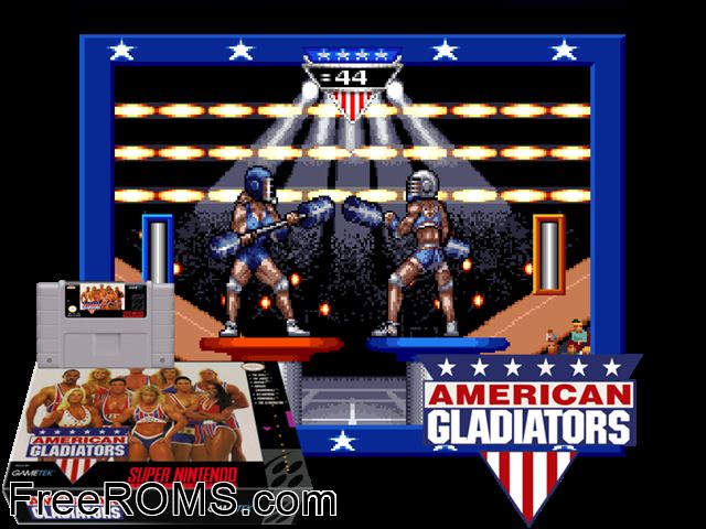 American Gladiators SNES game showing 3D box cover and gameplay screenshot