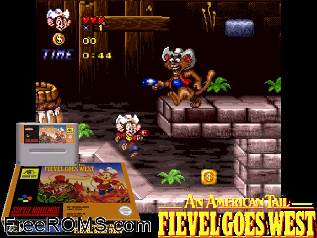 American Tail, An - Fievel Goes West SNES game showing 3D box cover and gameplay screenshot