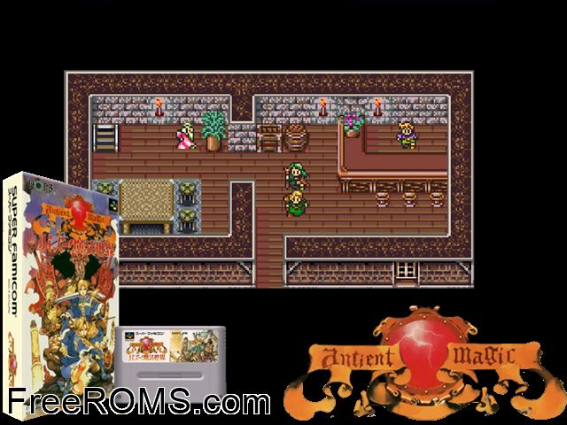 Ancient Magic - Bazoo! Mahou Sekai SNES game showing 3D box cover and gameplay screenshot