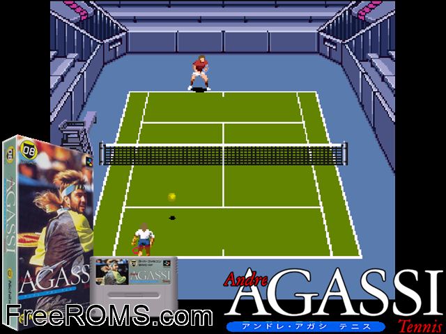 Andre Agassi Tennis SNES game showing 3D box cover and gameplay screenshot