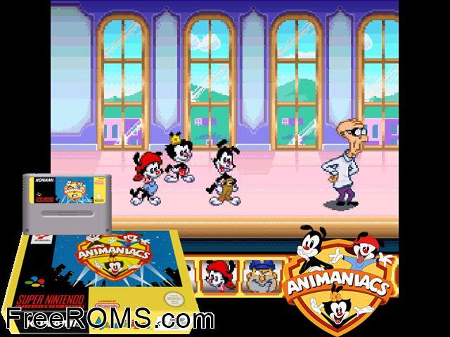 Animaniacs SNES game showing 3D box cover and gameplay screenshot